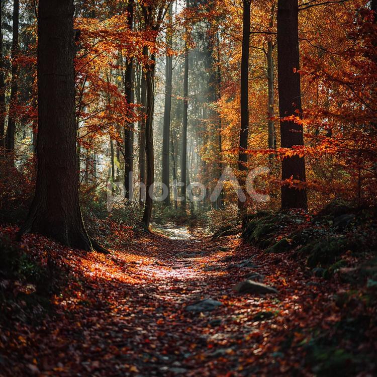 秋の陽射しが射し込む森 紅葉,森,林の写真素材