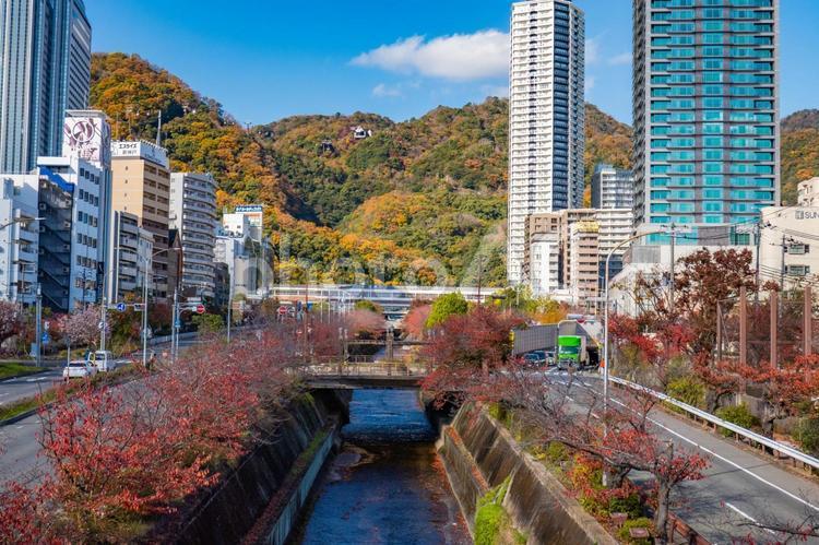 兵庫県神戸市　生田川 名所,都市風景,ビルの写真素材