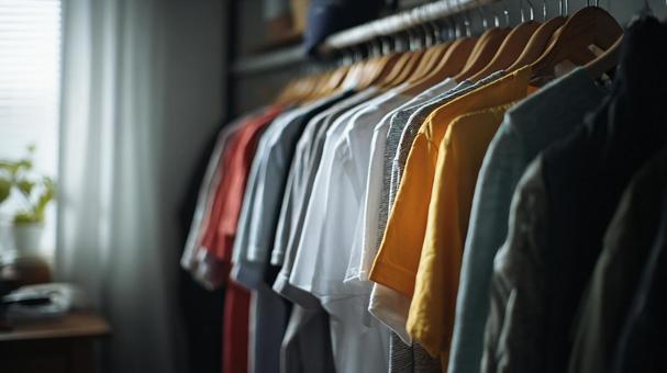 整理されたクロゼット:ハンガーにかかる服 整理されたクロゼット:ハンガーにかかる服の写真