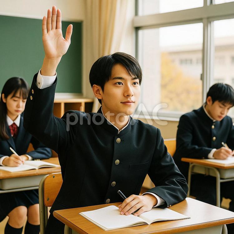 秋の教室で手を挙げる男子学生 学生,男子学生,教室の写真素材