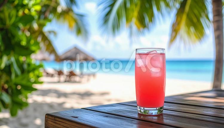 トロピカルジュース背景にヤシの木と砂浜 トロピカルジュース,飲み物,カラフルの写真素材