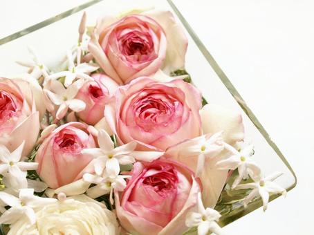 花瓶に入れた薔薇とジャスミン 花瓶に入れた薔薇とジャスミンの写真