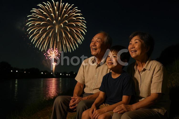 花火を見上げる祖父母と孫 日本,家族,花火の写真素材
