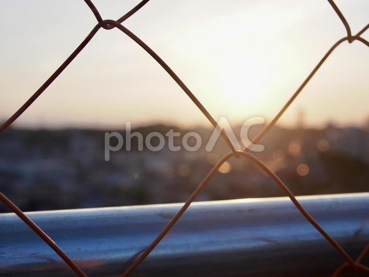 フェンス越しの横浜の街の夕景 フェンス,金網,景色の写真素材