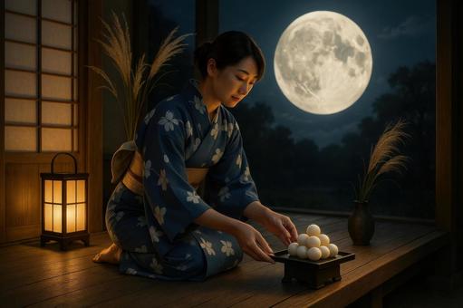 縁側で月見団子を供える女性 縁側で月見団子を供える女性の写真