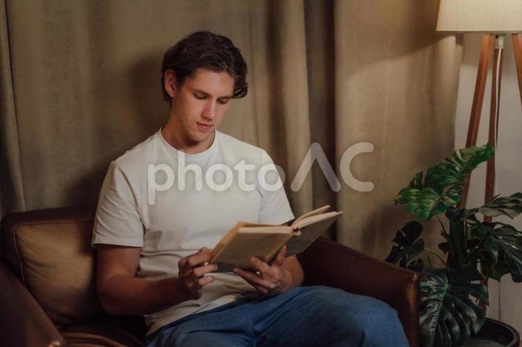 ソファで本を読む男性 男性,外国人,欧米人の写真素材