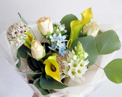 カラーとユーカリのナチュラルなブーケ 花束,カラー,オオニソガラムの写真素材