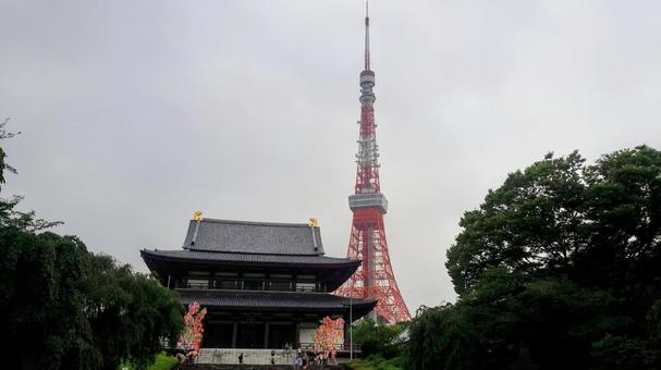 曇天の増上寺と東京タワー 曇天の増上寺と東京タワーの写真