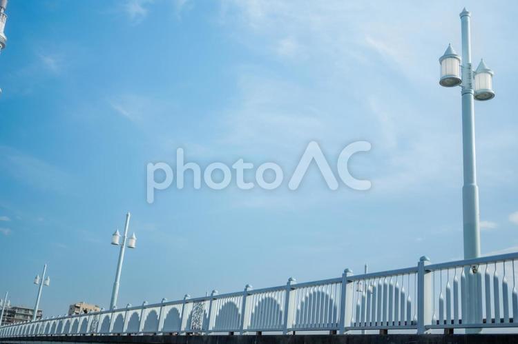 明るい空の下で並ぶ街灯と白いフェンス フェンス,プロムナード,街灯の写真素材