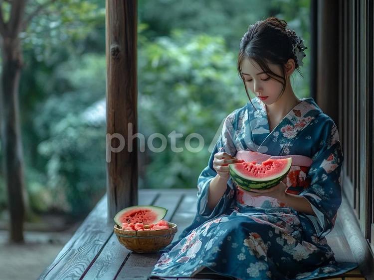 和服美女が縁側でスイカ 外人,和服,美人の写真素材