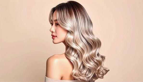 ロングウェーブとアッシュベージュの女性 ロングウェーブとアッシュベージュの女性の写真