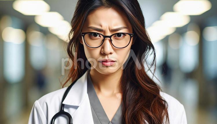 怒った表情の女性医師 女性,医師,人物の写真素材
