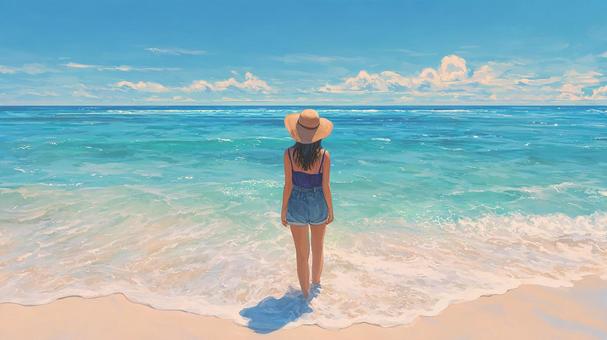 美しい夕焼けのビーチに立つ女性 美しい夕焼けのビーチに立つ女性の写真