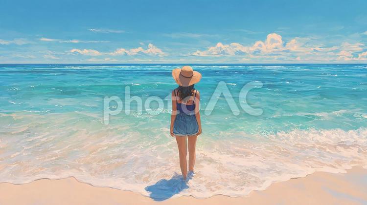 美しい夕焼けのビーチに立つ女性 女性,後ろ姿,ビーチの写真素材