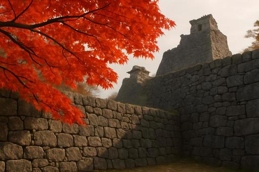 紅葉と城の石垣 紅葉と城の石垣の写真