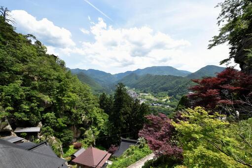 山寺（立石寺）からの絶景と新緑の山々﻿ 山寺,立石寺,宝珠山の写真素材