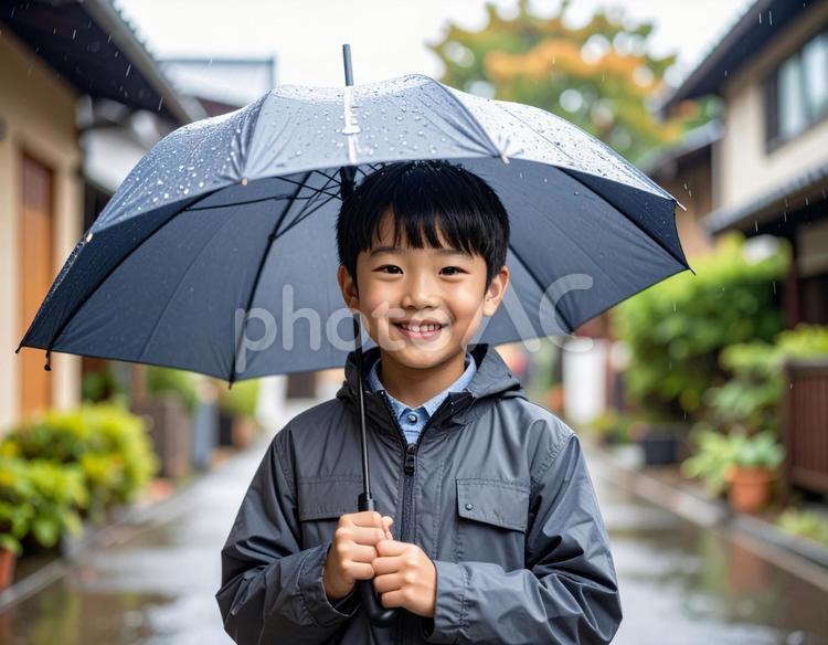 傘を差す男の子 ai生成,傘,雨の写真素材