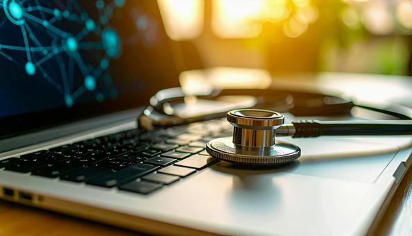 机の上の聴診器とノートパソコンの写真