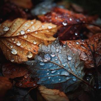 水滴がついた秋の落ち葉のマクロ写真の写真