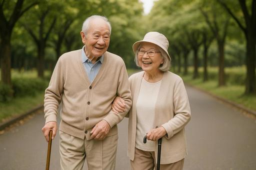 支え合って歩く老夫婦 支え合って歩く老夫婦の写真