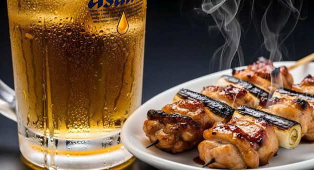 生ビールジョッキと美味しそうな焼き鳥 生ビールジョッキと美味しそうな焼き鳥の写真