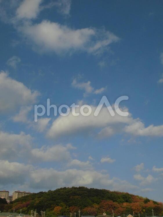 青空と丘　縦 バック,丘,白い雲の写真素材