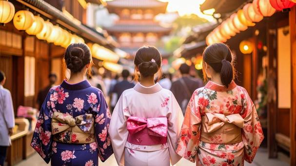 浴衣姿の若い日本人女性3人後ろ姿A 浴衣姿の若い日本人女性3人後ろ姿Aの写真