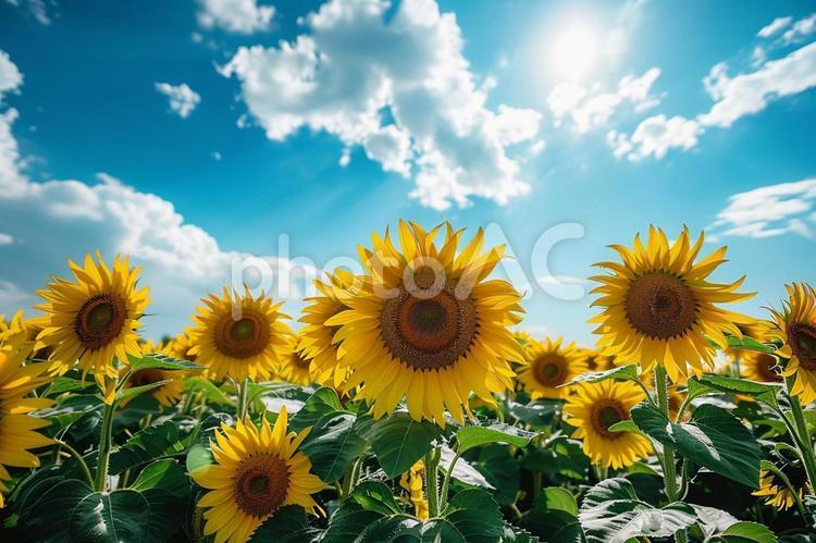 青空に映えるひまわり畑の風景 ひまわり,花,夏の写真素材