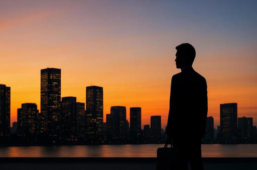 都会の夕暮れとサラリーマンのシルエット 都会の夕暮れとサラリーマンのシルエットの写真