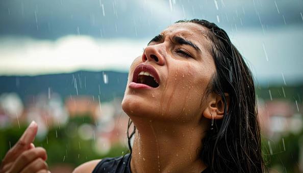 雨に濡れ、感情を露わにする人物 雨に濡れ、感情を露わにする人物の写真