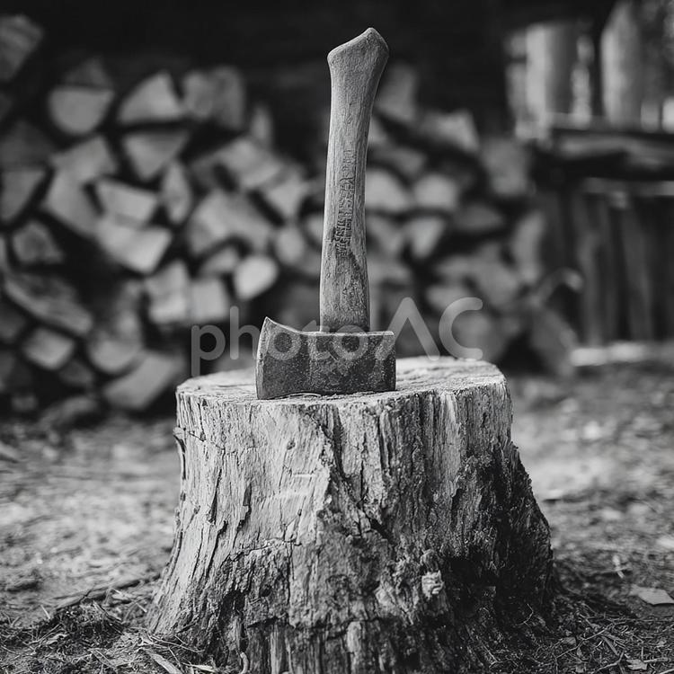 冬の準備：薪と斧 斧,薪,木の写真素材