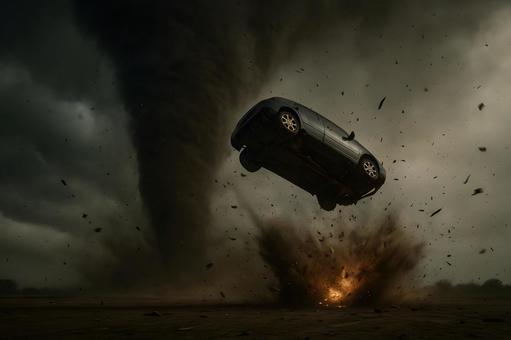 竜巻で舞う銀色車の写真