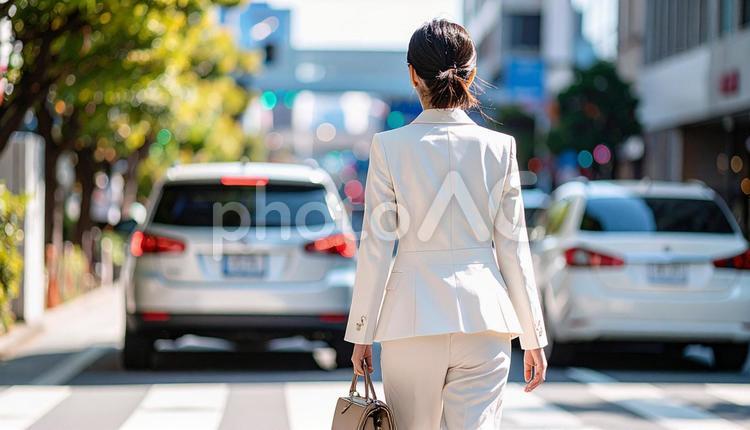 ビジネス街の横断歩道を渡る女性の後ろ姿 後ろ姿,横断歩道,歩くの写真素材