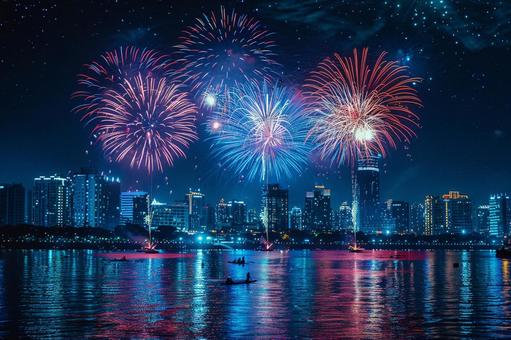 夏の夜を彩る都会の花火大会 夏の夜を彩る都会の花火大会の写真