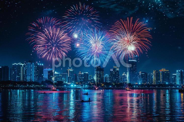 夏の夜を彩る都会の花火大会 花火,夜,空の写真素材