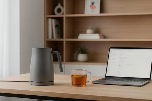 デスクに置かれた電気ケトルとティーの写真