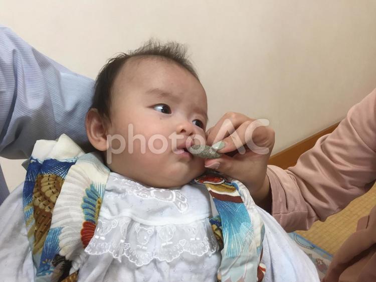 お食い初めをする新生児 歯固め,歯固め石,お食い初めの写真素材