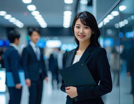 オフィスでPCを持って微笑む女性社員 オフィスでPCを持って微笑む女性社員の写真