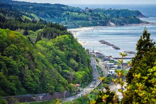 峠から見下ろす初夏の海岸道路 峠から見下ろす初夏の海岸道路の写真