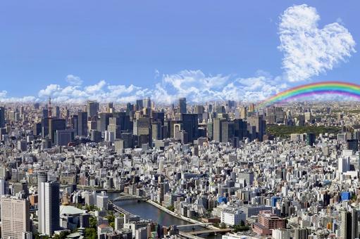 Heart and rainbow of hope on the sky of Tokyo, JPG Heart and rainbow of hope on the sky of Tokyo, business, heart, urban landscape, JPG