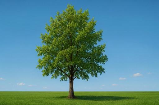 草原に立つ一本の樹木・青空・自然・新緑 草原に立つ一本の樹木・青空・自然・新緑の写真