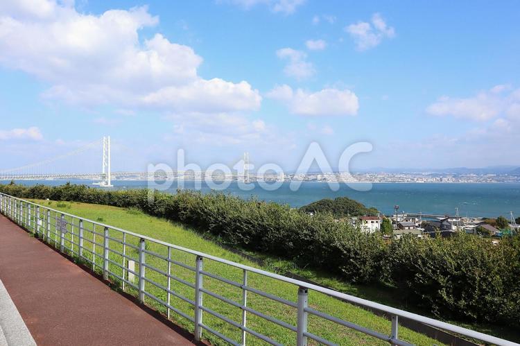 明石海峡大橋が見える景色 橋,海,青空の写真素材