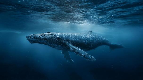 水面近くを悠然と泳ぐクジラの水中景観 水面近くを悠然と泳ぐクジラの水中景観の写真