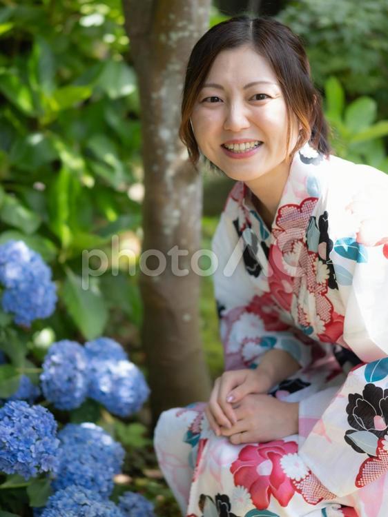 32：紫陽花を見る浴衣の女性 紫陽花,あじさい,浴衣の写真素材