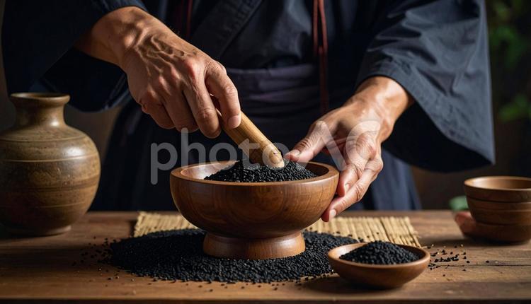 ゴマをする僧侶の男性の手もと ゴマ,僧侶,ごますりの写真素材