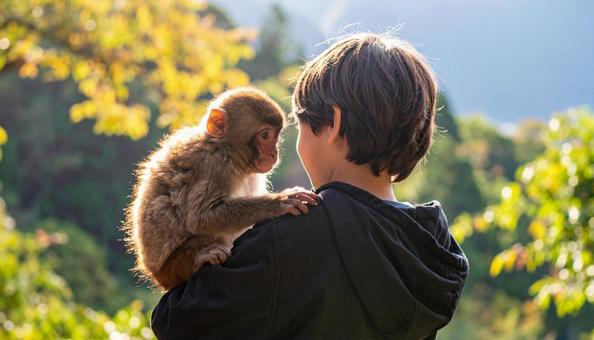 男の子 肩に止まる小さなサルにえさやり 男の子 肩に止まる小さなサルにえさやりの写真