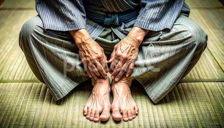 正座のあと、痺れた足をさする男性 正座,男性,麻痺の写真素材