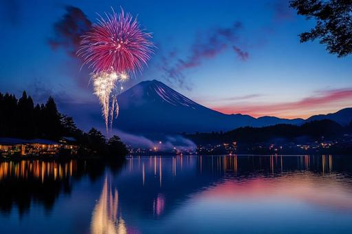 富士山と湖と花火 富士山と湖と花火の写真