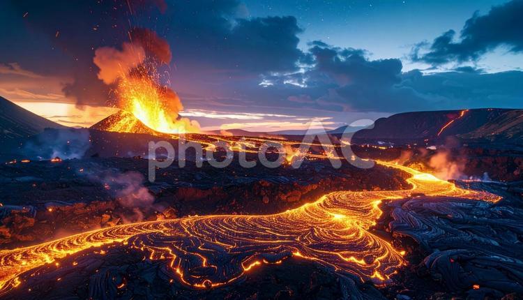 壮大な火山の噴火と流れる溶岩 火山,溶岩,噴火の写真素材