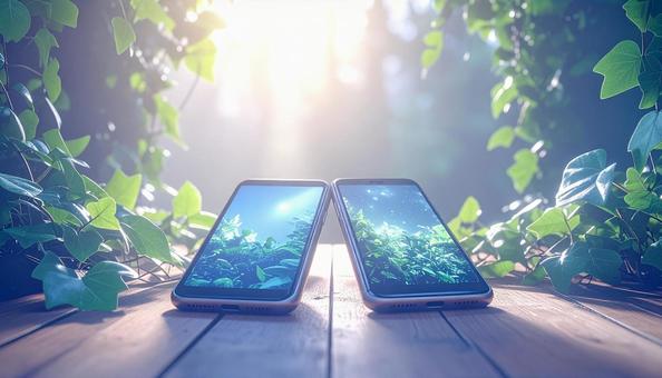 連絡交換のイメージ 机の上の携帯電話二台 連絡交換のイメージ 机の上の携帯電話二台の写真